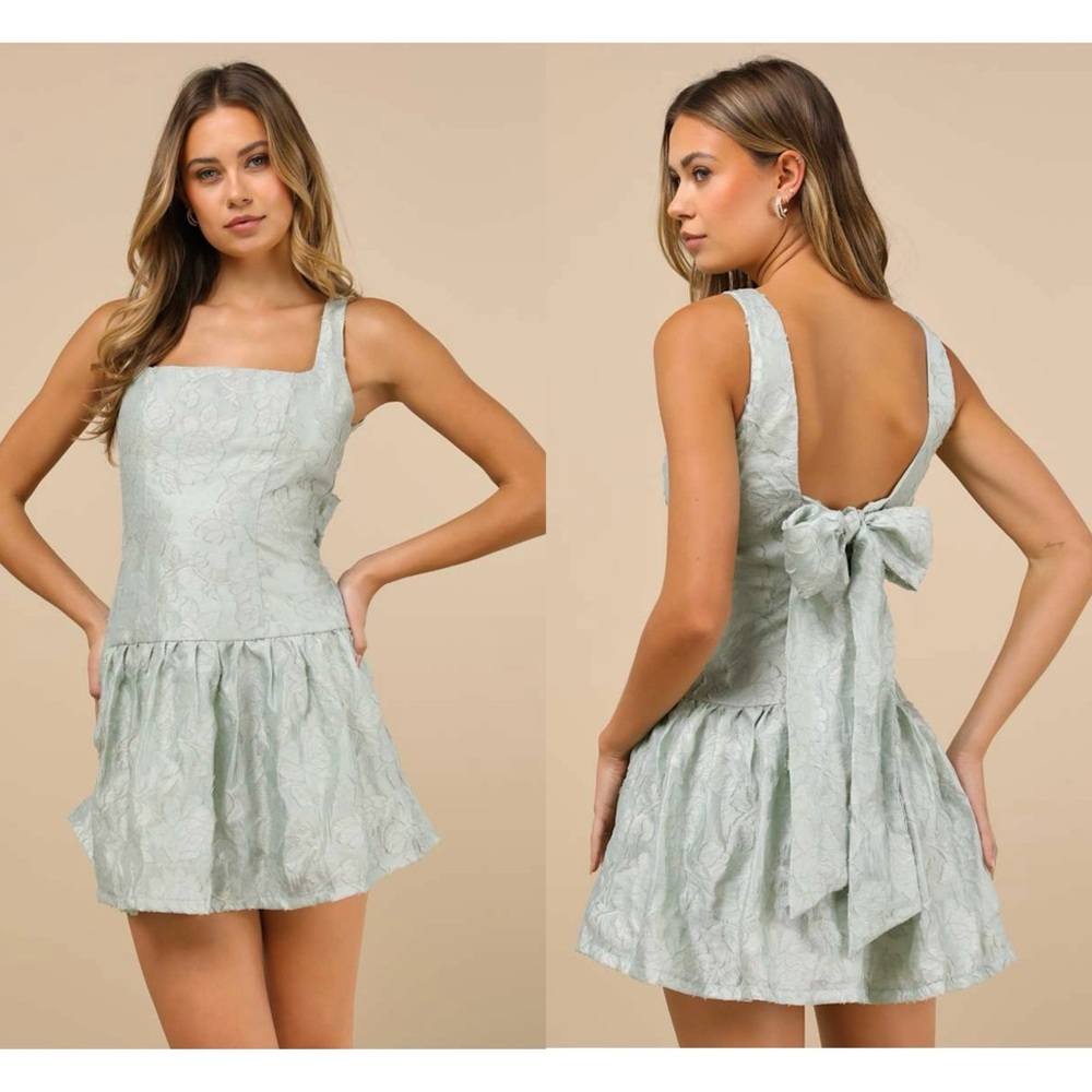NWT LULUS Floral Square Neck Bowโ Back Drop Waist Ruffle Hem Balletcore Dress XS